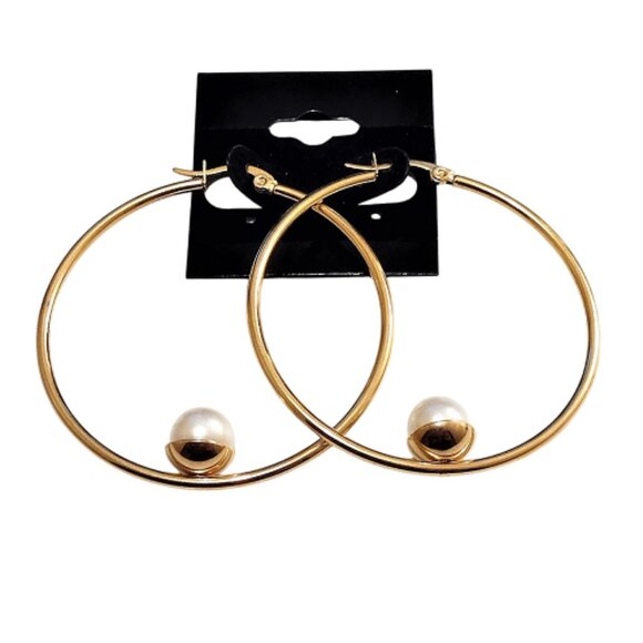 2" Single Pearl Hoops Pierced Stud Earrings Gold Vintage 50mm Stainless Steel - Picture 2 of 3